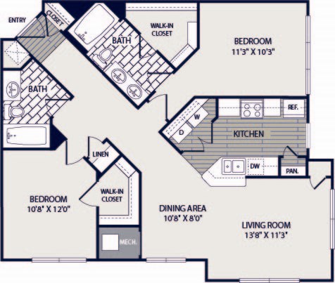 Floor plan for 2 beds, 2 baths, 1127 sqft
